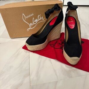 Christian Louboutin Black Wedge Espadrilles with Bow